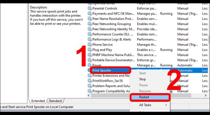 Bạn chọn restart để khởi động lại máy in