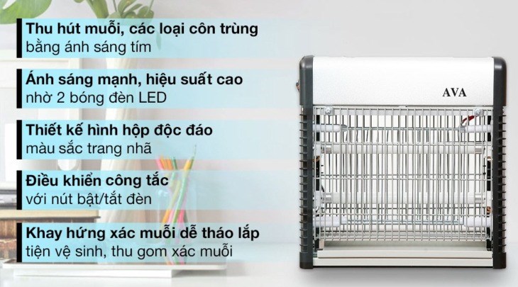Đèn bắt muỗi AVA JB20E-2X6W có thiết kế nhỏ gọn, hiện đại, bắt muỗi bằng ánh sáng tím đạt hiệu quả cao
