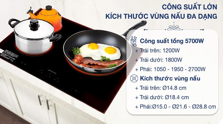 Bếp hồng ngoại 3 vùng nấu lắp âm Smeg SE363ETB (536.64.101) sở hữu 3 vùng nấu cùng công suất mạnh mẽ, giúp tối ưu hóa thời gian nấu nướng