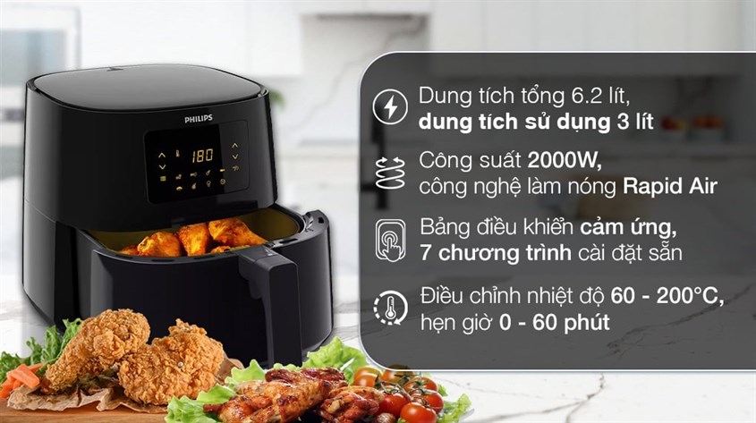 Nồi chiên không dầu Philips HD9270/90 6.2 lít sở hữu bảng điều khiển cảm ứng tiện lợi và màn hình LED dễ quan sát