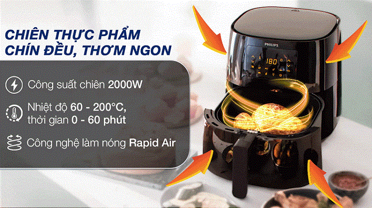 Nồi chiên không dầu Philips HD9270/90 6.2 lít sở hữu công suất 2000W giúp chiên nướng thực phẩm nhanh chóng