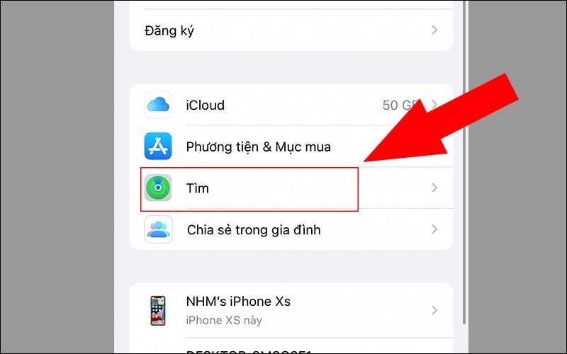 Bạn hãy vào ID trong phần Cài đặt trên điện thoại và chọn mục Tìm