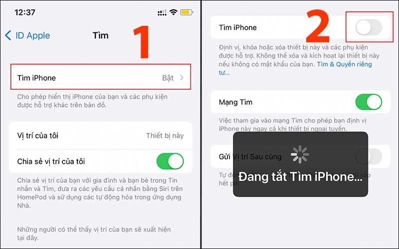 Tại mục Tìm iPhone, bạn hãy tắt chế độ Tìm iPhone