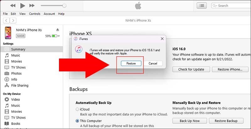 Màn hình sẽ hiện ra một thông báo, bạn chọn vào mục Restore