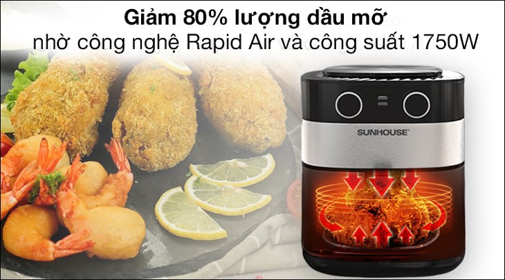 Nồi chiên không dầu Sunhouse SHD4026 6 lít hoạt động với công suất 1750W, giúp tiết kiệm điện năng cho gia đình