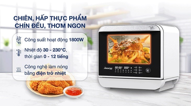 Lò chiên không dầu hơi nước Dreamer DKA-SAF118W 18 lít được trang bị công nghệ làm nóng bằng điện trở nhiệt giúp rút ngắn thời gian nấu nướng và đảm bảo sức khỏe cho người dùng