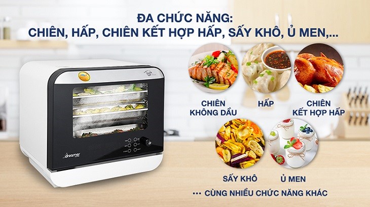 Lò chiên không dầu hơi nước Dreamer DKA-SAF118W 18 lít được trang bị đa dạng chức năng nấu giúp người dùng chế biến nhiều món ăn ngon miệng dễ dàng và rất tiện lợi