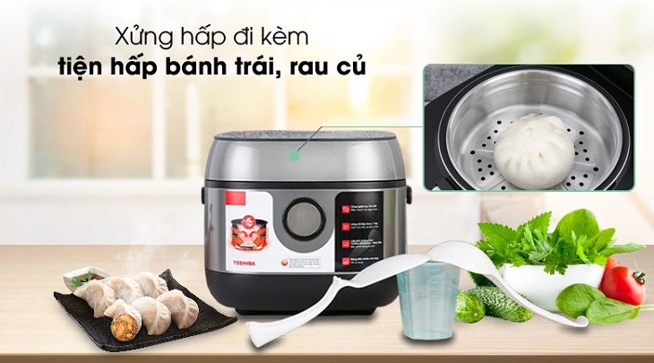 Nồi cơm điện cao tần Toshiba 1.8 lít RC-18RH(CG)VN được trang bị xửng hấp đi kèm, giúp người dùng vừa nấu cơm, vừa hấp rau của rất tiện lợi Nồi cơm điện cao tần Toshiba 1.8 lít RC-18RH(CG)VN được trang bị xửng hấp đi kèm, giúp người dùng vừa nấu cơm, vừa hấp rau của rất tiện lợi