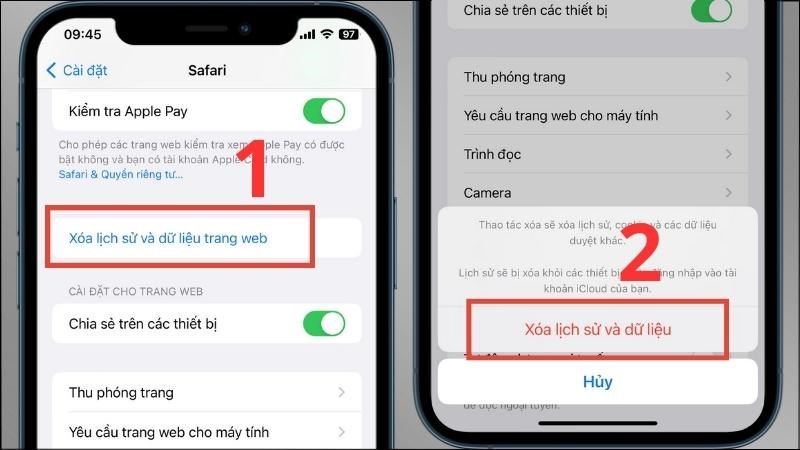 Chọn Xóa lịch sử và dữ liệu trang web > Chọn Xóa lịch sử và dữ liệu