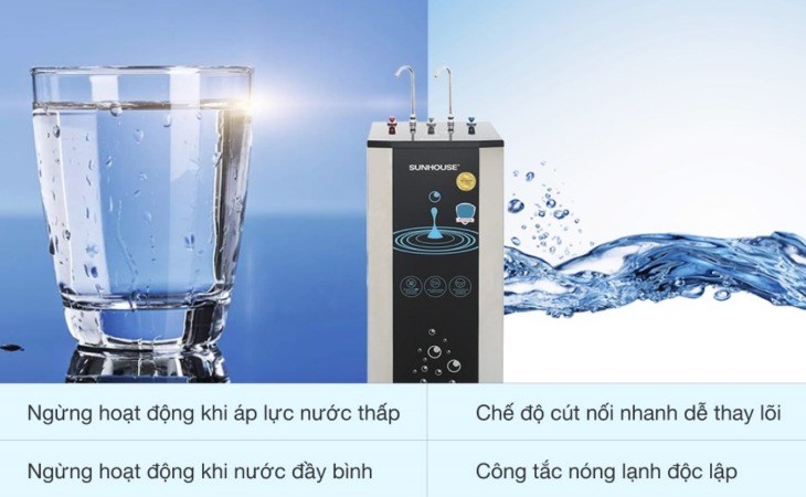 Máy lọc nước RO nóng nguội lạnh Sunhouse SHR76210CK 10 lõi có tiện ích ngưng hoạt động khi đầy bình hoặc khi áp lực nước thấp, giúp tránh tình trạng lãng phí điện