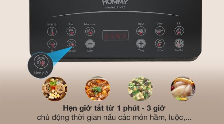 Bếp từ Hommy AI-32 có tiện ích hẹn giờ, giúp bạn chủ động thời gian nấu ăn trên bếp cả khi đang bận rộn