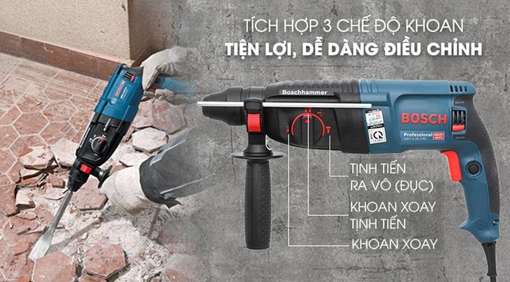 Máy khoan búa điện Bosch GBH 2-26 DRE 800W trang bị mô tơ công suất 800W mạnh mẽ cho hiệu suất công việc cao