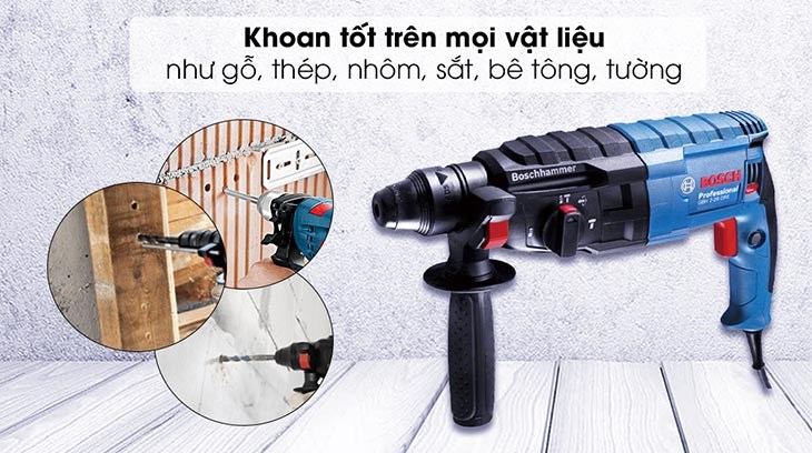 Máy khoan búa điện Bosch GBH 2-24 DRE 790W sử dụng khoan được cho đa dạng vật liệu gồm gỗ, thép, nhôm, sắt, bê tông và tường