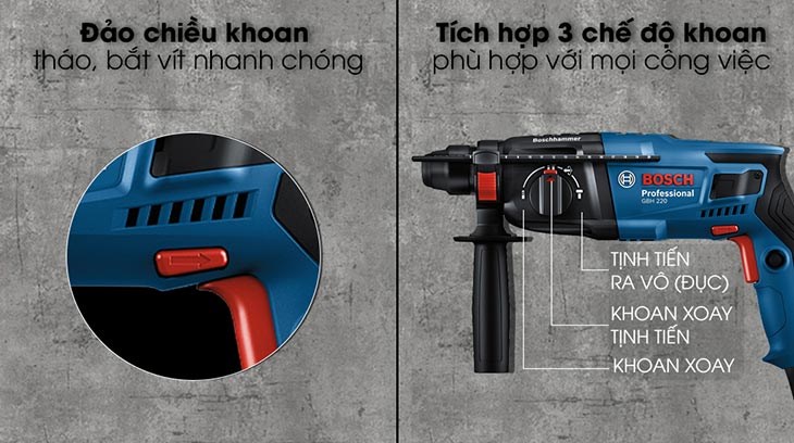 Máy khoan búa điện Bosch GBH 220 720W tích hợp 3 chế độ khoan giúp linh hoạt trong quá trình làm việc