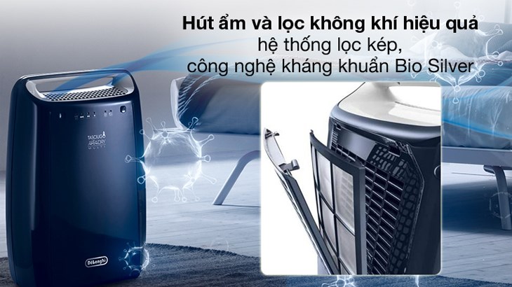 Máy hút ẩm Delonghi DEX216F sử dụng hệ thống lọc kép và công nghệ kháng khuẩn Bio Silver giúp lọc sạch bụi bẩn, các chất gây di ứng