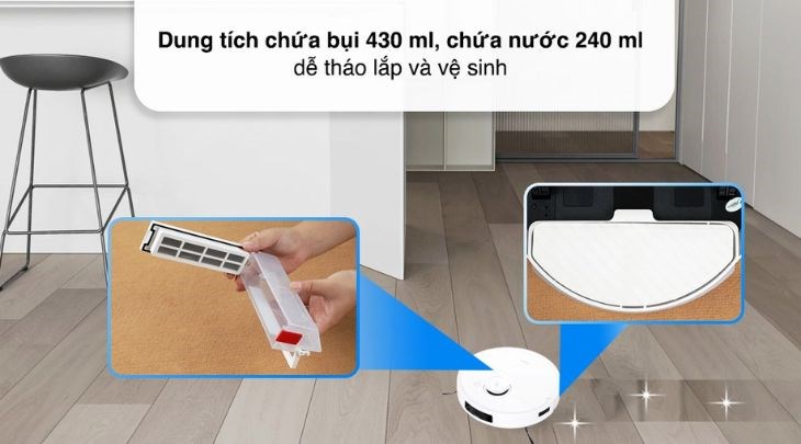 Dung tích hộp chứa bụi của robot đến 430 ml, có khả năng chứa nhiều bụi bẩn trong 1 lần dọn dẹp