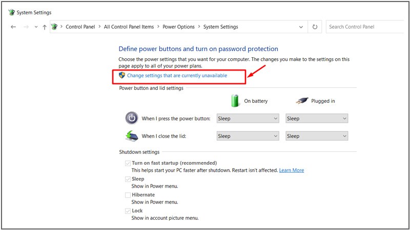 Chọn Change settings that are currently unavailable 