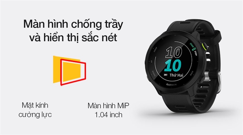 Màn hình Garmin 55 có kích thước 1.04 inch và được sử dụng mặc kích cường lực Màn hình Garmin 55 có kích thước 1.04 inch và được sử dụng mặc kích cường lực