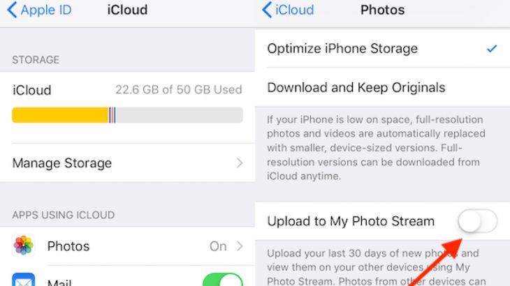 Người dùng có thể tiến hành vô hiệu hóa My Photo Stream để tăng dung lượng cho iPhone