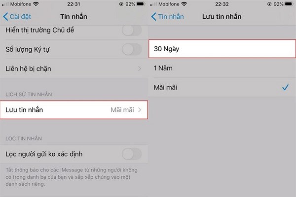 Bạn hãy tùy chỉnh thời gian iPhone tự xóa tin nhắn thành 30 ngày hoặc 1 năm