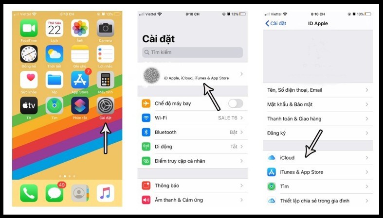 Bạn truy cập vào mục Cài đặt > chọn ID Apple, iCloud, iTunes & App Store