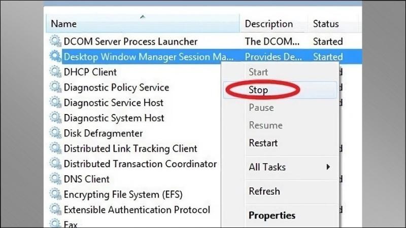 Chọn mục Desktop Window Manager Session Manager > Chọn Stop