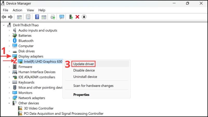 Nhấn chuột phải vào card màn hình đang bị lỗi cần cập nhật > chọn Update Driver