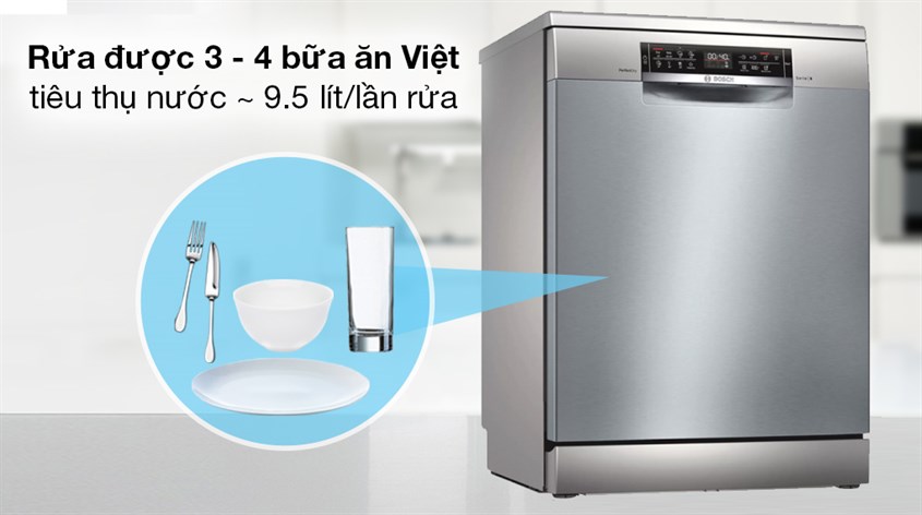 Máy rửa chén độc lập Bosch SMS6ZCI49E có công suất 2400W rửa được tới lượng chén bát cho 3 - 4 bữa ăn Việt cùng lúc.