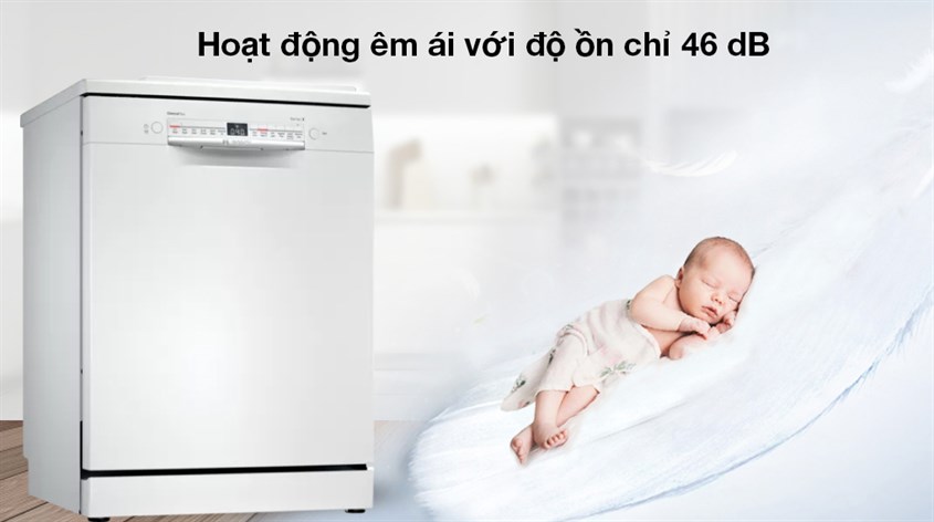 Máy rửa chén độc lập Bosch SMS2IVW01P hoạt động êm ái có độ ồn thấp.