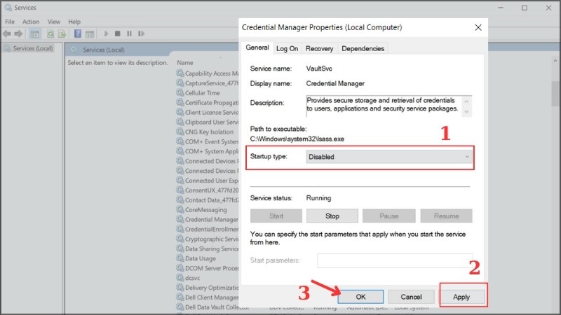 Chuyển Startup type sang chế độ Disabled > Apply > Ok