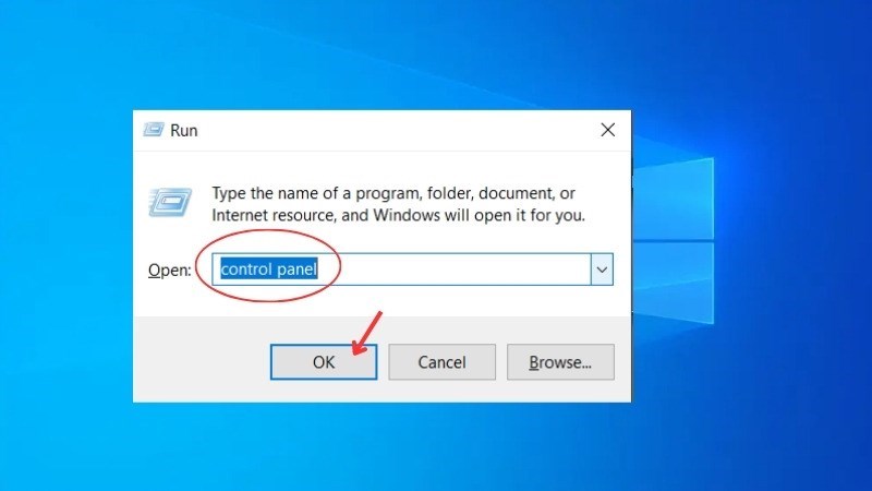 Nhập Control Panel > nhấn OK để mở cửa sổ Control Panel 