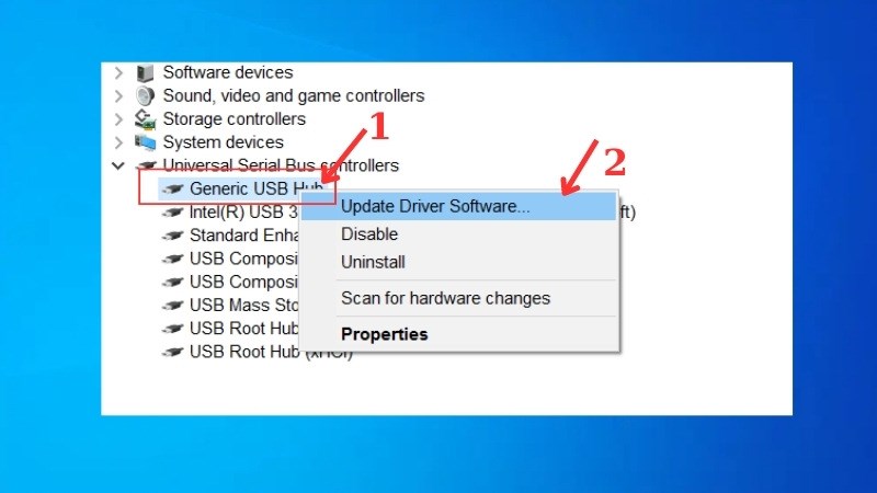Click chuột phải vào Generic USB Hub đầu tiên > Chọn Update Driver Software