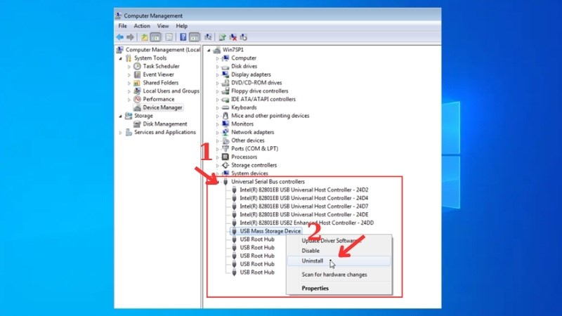 chuột phải vào USB Mass Storage Device > Uninstall 