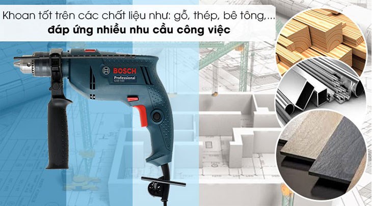 Máy khoan động lực điện Bosch GSB 550 550W khoan được nhiều loại vật liệu khác nhau như: gỗ, thép, bê tông... rất dễ dàng