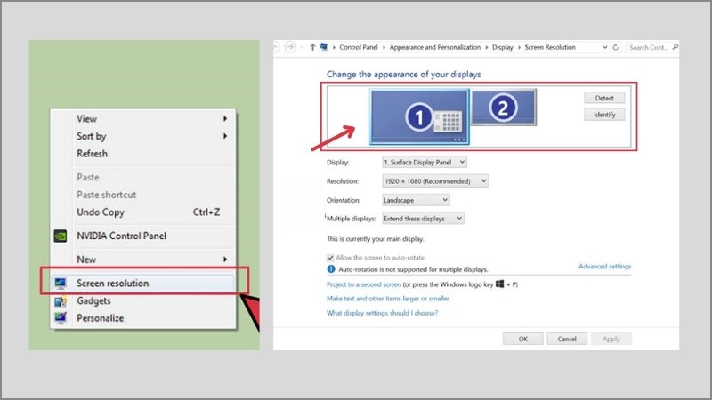 Chọn Screen resolution > Điều chỉnh vị trí màn hình chính phụ theo ý muốn 