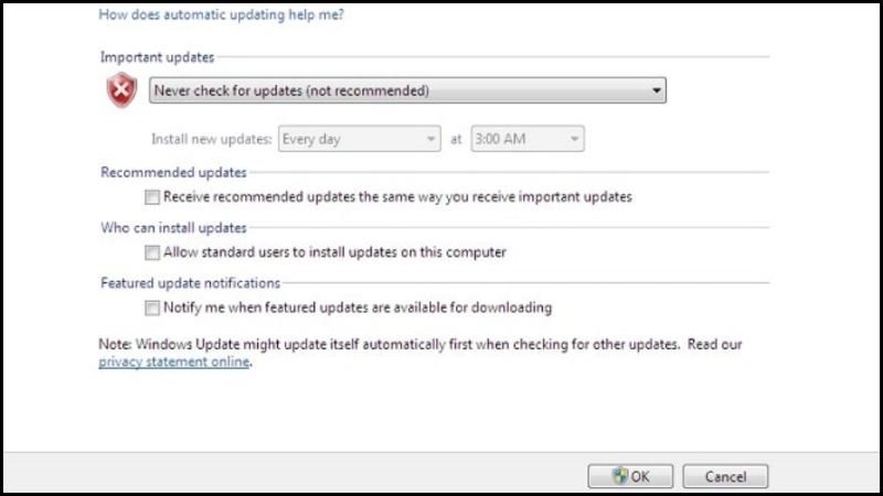 chọn tùy chọn Never check for updates (Not Recommended)