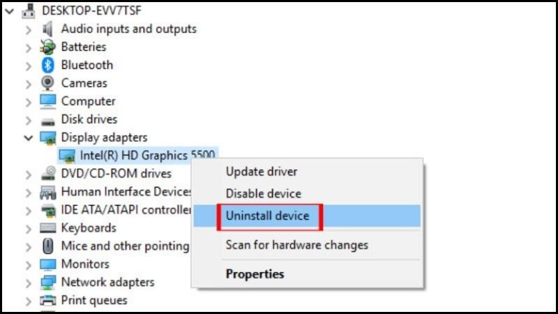 Nhấp vào Display Adapters, nhấp vào Uninstall