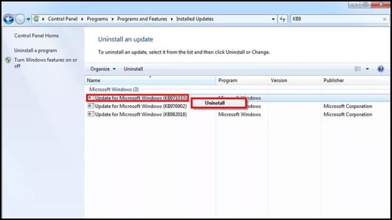 Nhấp chuột phải vào bản cập nhật đó và nhấp vào Uninstall
