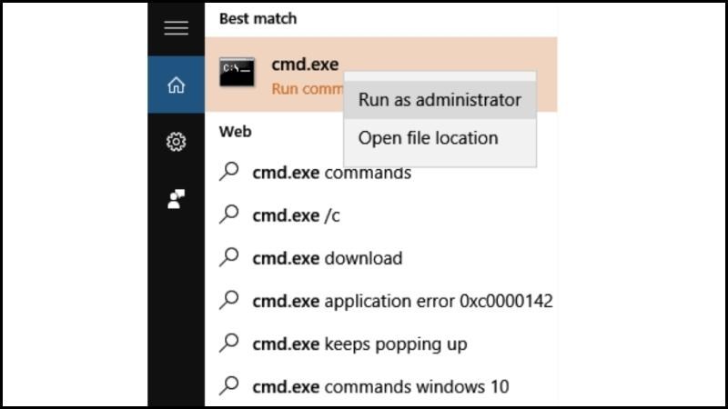 Nhấp chuột phải vào cmd.exe, chọn Run as administrator 