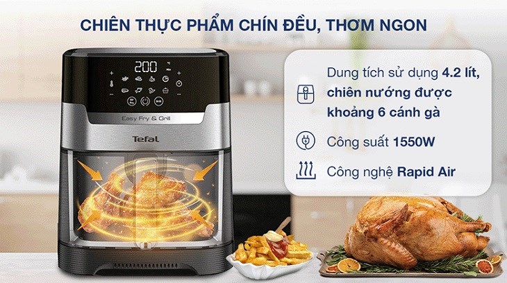 Nồi chiên không dầu Tefal EY505D15 4.2 lít  sở hữu công nghệ làm nóng Rapid Air cùng với công suất lên tới 1550W