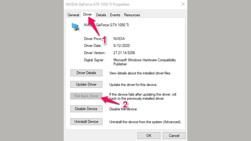 Chọn Roll Back Driver để hạ driver card đồ họa