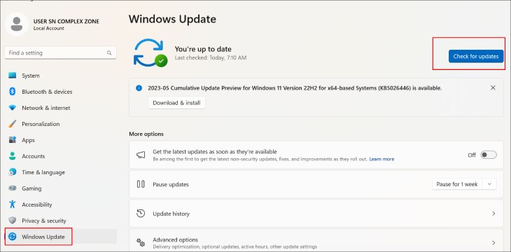 Bạn nhấn chọn check for update để kiểm tra cập nhật
