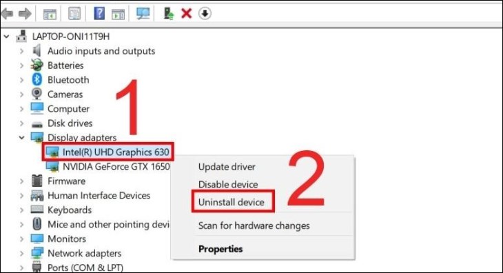Chọn adapter màn hình > Chọn tiếp Uninstall device.