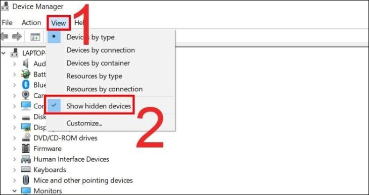 Bạn chọn View > Sau đó chọn tiếp Show hidden devices