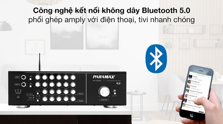 Amply Paramax AX-1200 500W có khả năng kết nối Bluetooth để kết nối tín hiệu với tivi, điện thoại,... Amply Paramax AX-1200 500W có khả năng kết nối Bluetooth để kết nối tín hiệu với tivi, điện thoại,...