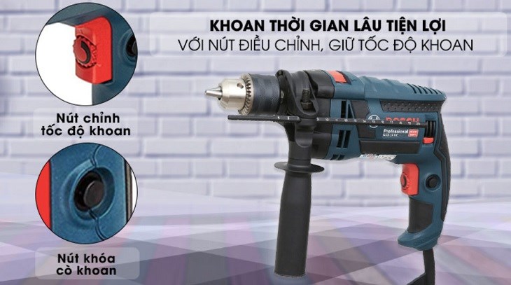 Nút khóa cò khoan (còn gọi là nút giữ cò khoan) trên máy khoan động lực điện Bosch GSB 16 RE 750W cho phép người dùng sử dụng thiết bị ở chế độ rảnh tay Nút khóa cò khoan (còn gọi là nút giữ cò khoan) trên máy khoan động lực điện Bosch GSB 16 RE 750W cho phép người dùng sử dụng thiết bị ở chế độ rảnh tay