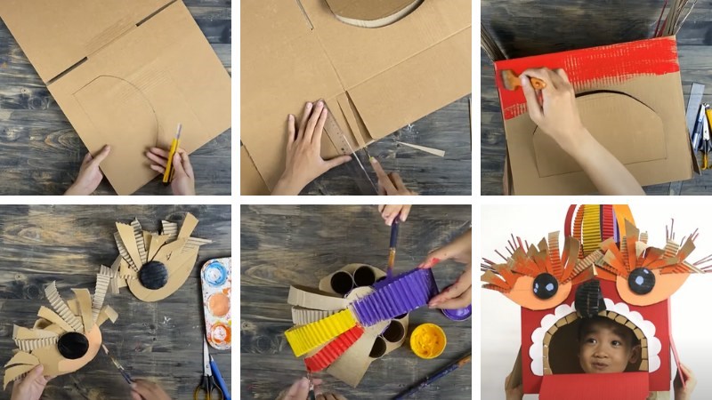Cách làm đầu Lân bằng giấy từ thùng carton