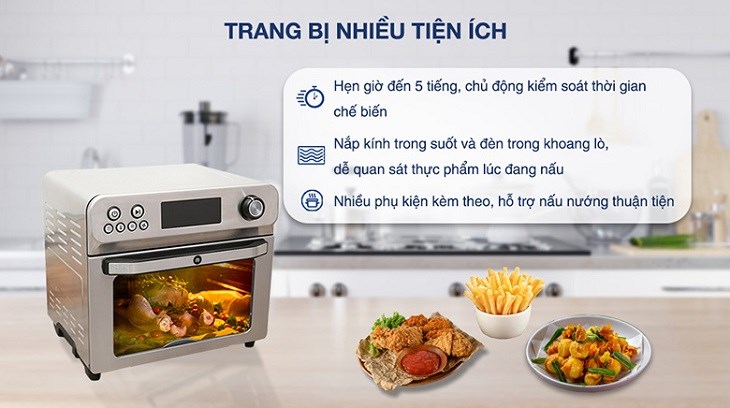 Lò chiên hơi nước Mishio sở hữu nắp kính được thiết kế trong suốt, hỗ trợ đèn trong khoang lò giúp người dùng tiện lợi theo dõi