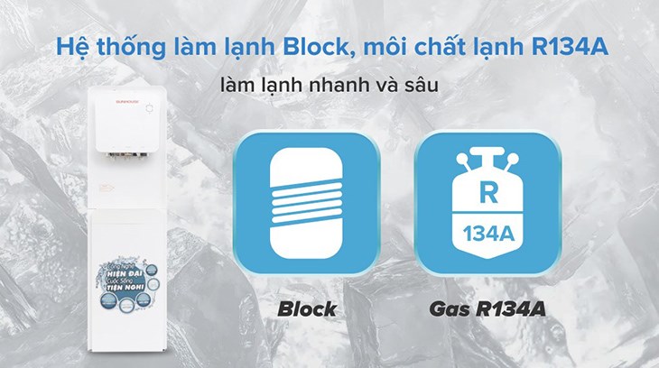 Nhờ hệ thống làm lạnh Block cùng môi chất lạnh R134A, cây nước nóng lạnh Sunhouse SHD9546 670W mang đến cho người dùng những ly nước mát lạnh nhanh chóng