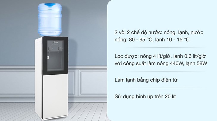 Cây nước nóng lạnh Midea YD1518S-X 498W có thể tạo ra nước lạnh từ 10 - 15 độ C và nước nóng đến 95 độ C nhờ chíp điện tử hiện đại